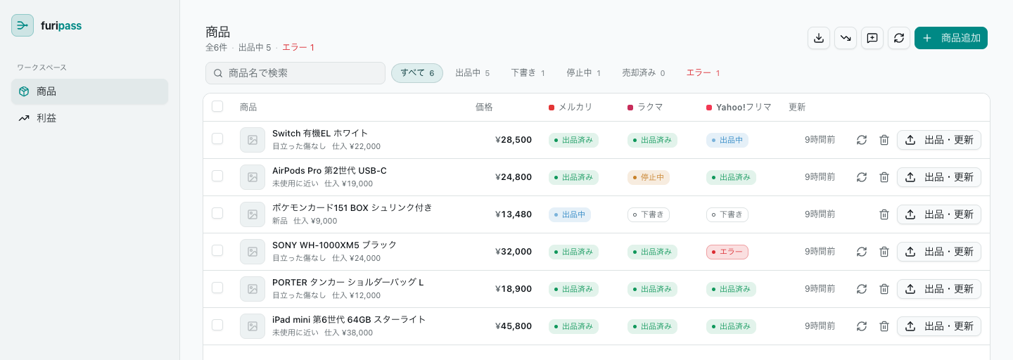 furipass の商品管理画面 — メルカリ・ラクマ・Yahoo!フリマの出品状況をまとめて管理